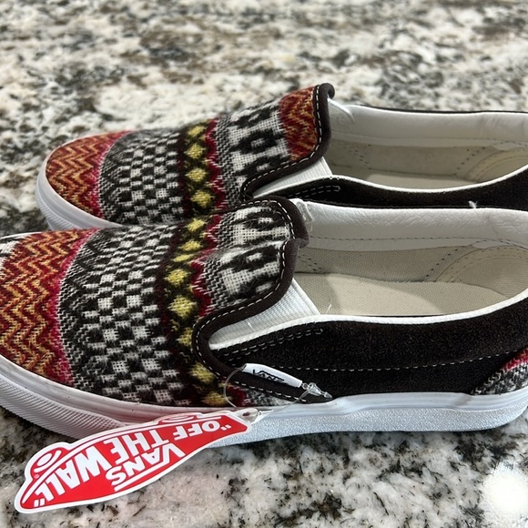 Vans Shoe Classic Slip On Brown Sweater Knit Fair Isle Woven Winter Fall - Picture 4 of 6
